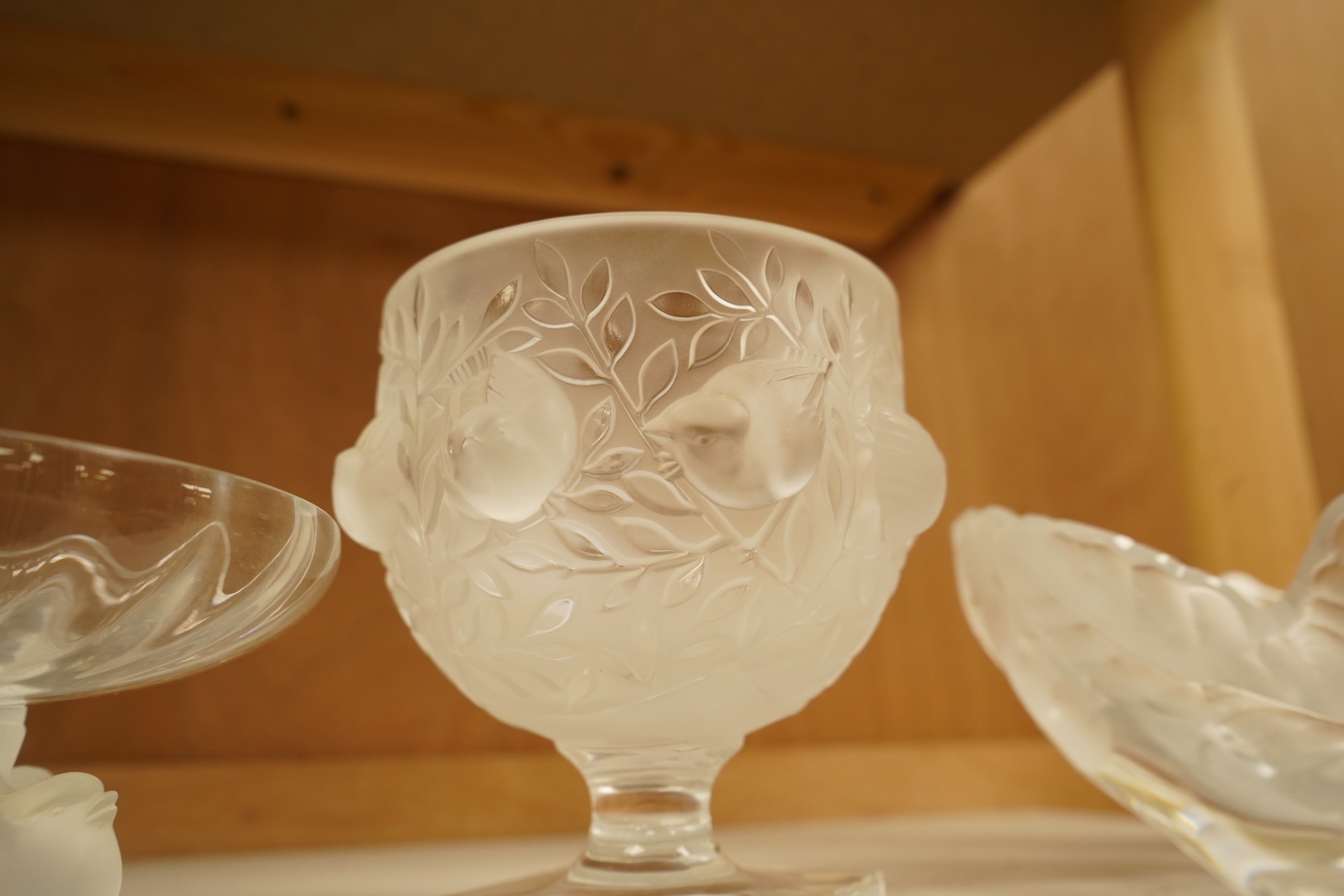 Three lalique glass pieces comprising an 'Elisabeth' vase, a 'Compiegne' dish and a 'Nugent' bowl, each signed, largest 19cm wide
